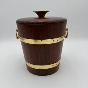 Vintage Wooden Ice Bucket with Gold Handle  Mid Century